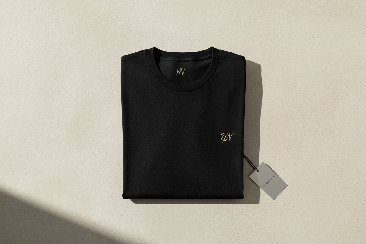 a flat lay of a neatly folded oversized black t-shirt with subtle logo  "Younext" or "YN" print in gold, minimalist background, neutral lighting, soft shadows, premium cotton texture, brand lookbook style, minimal streetwear editorial aesthetic.