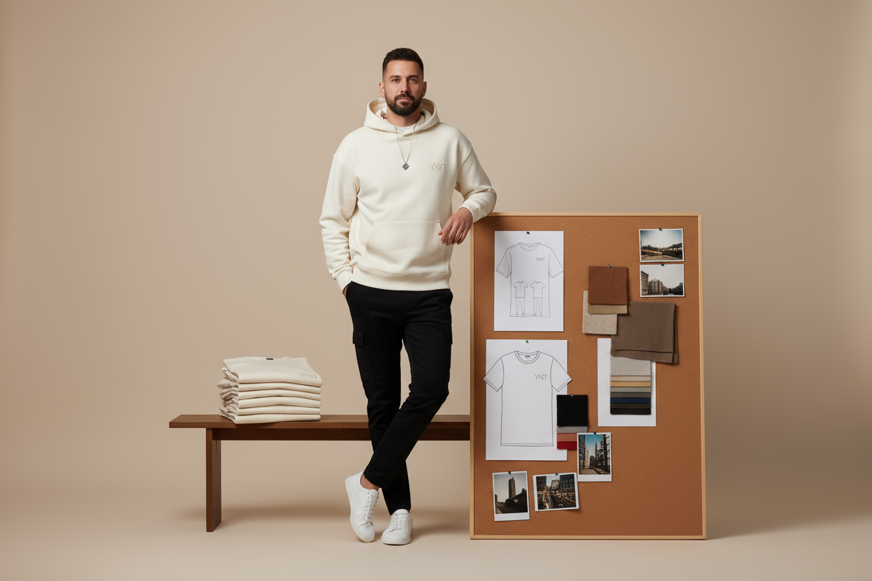 A men portrait of a confident creative founder of "Younext" Brand  in minimal studio lighting, standing beside folded t-shirts or mood board, modern streetwear brand atmosphere, simple neutral background