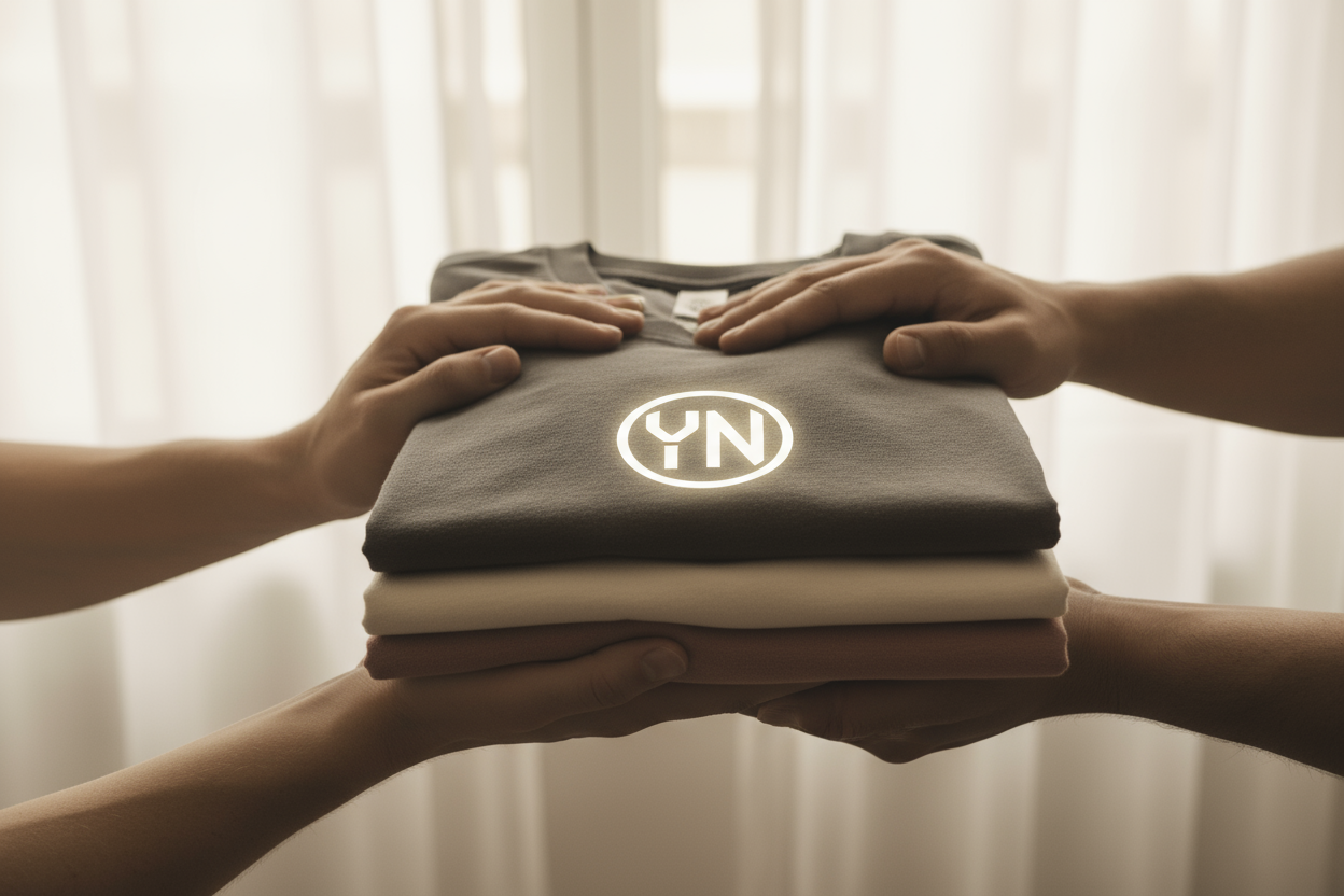 close-up of hands holding folded t-shirts together with logo "YN", symbolizing unity and brand tribe, soft daylight, minimalist concept, neutral tones, warm composition
