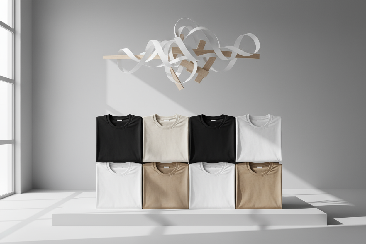 concept art showing folded oversized t-shirts arranged in a clean grid, each in different neutral shades (black, beige, white), symbolizing creativity and simplicity, modern minimal studio setup, soft daylight, editorial aesthetic