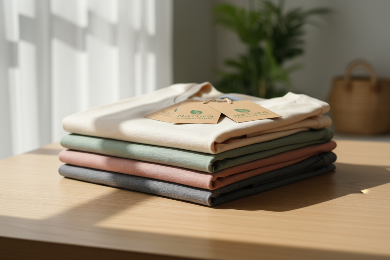 folded stack of premium cotton t-shirts on clean table, tags visible, soft daylight, sustainable fashion concept, minimalist editorial product photography