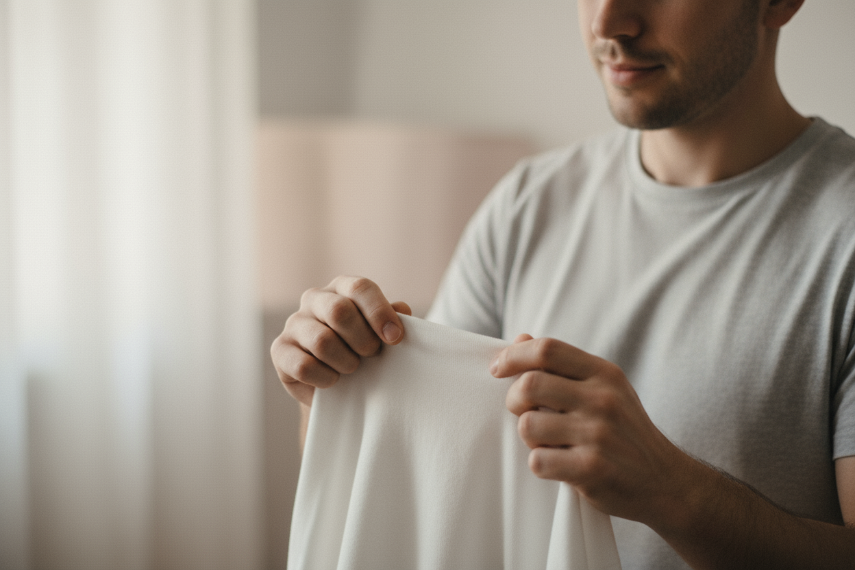 minimal fashion photo of a men gently touching soft cotton t-shirt fabric, neutral tones, blurred background, emotional storytelling vibe, symbolizes comfort and authenticity, soft light, cinematic mood