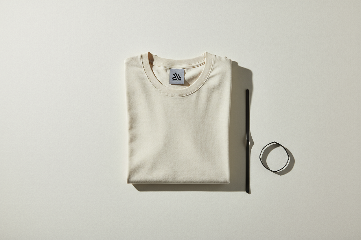Minimalist flat-lay of a folded streetwear t-shirt on a clean background, soft shadows, aesthetic lighting, neutral tones, modern minimal vibe.